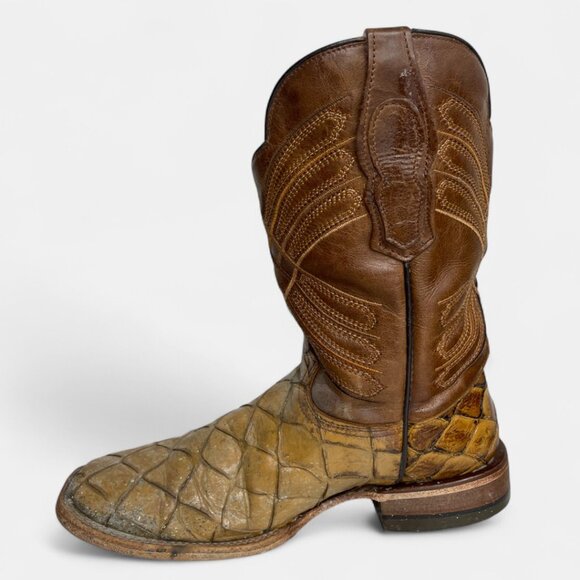 Reywelt Leather Square Toe Pirarucu Fish Pattern Western Cowboy Boots Men's 7.5 - Picture 3 of 13